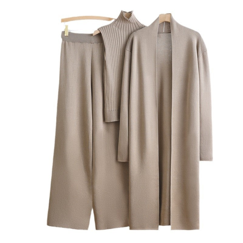 Damen gemütliches Strick-Loungewear-Set mit langem Cardigan und Rippenshirts EB
