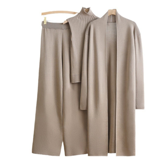 Damen gemütliches Strick-Loungewear-Set mit langem Cardigan und Rippenshirts EB