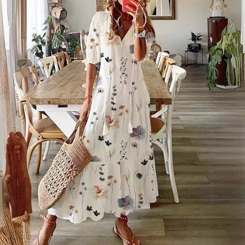 Damen nan knöchellanges A-Linien-Sommerkleid mit ganzflächigem Blumenmuster V-Ausschnitt und lockerem Fall EB