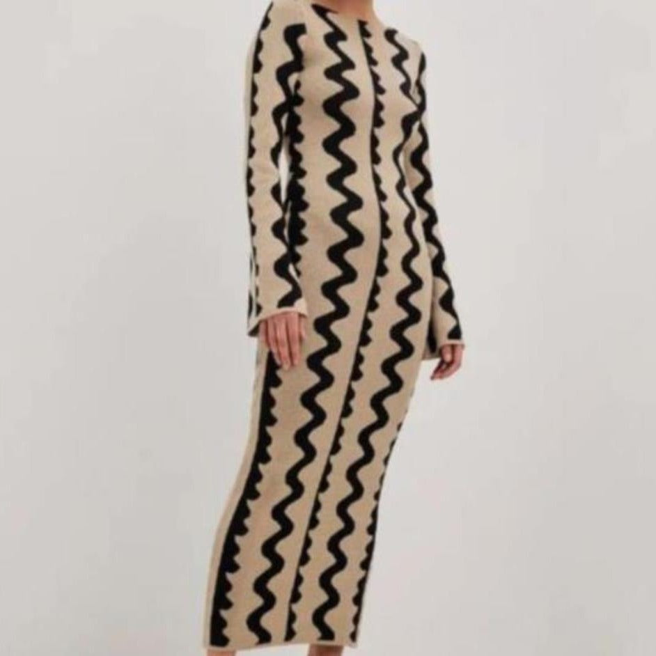 Damen Elegantes Maxi-Kleid mit spannendem Muster und langem Arm EB