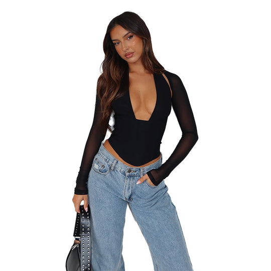 Damen Hochgeschlossenes Crop-Top mit transparenten Ärmeln EB