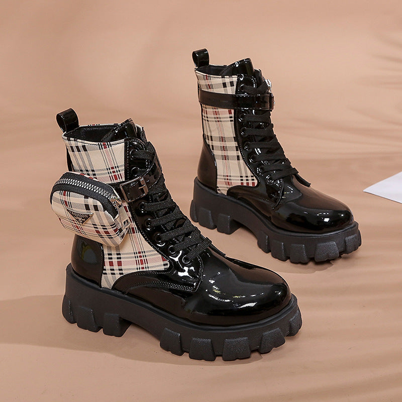 Damen modische Schnürstiefel mit seitlicher Tasche und blockartigem Absatz EB