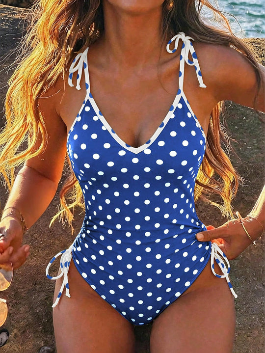 Damen einteiliges Schwimmoutfit mit verspieltem Punkten-Design EB