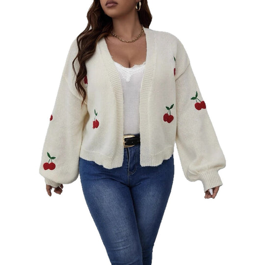 Damen Kurzgeschnittener Oversize-Cardigan mit Kirsch-Stickerei EB