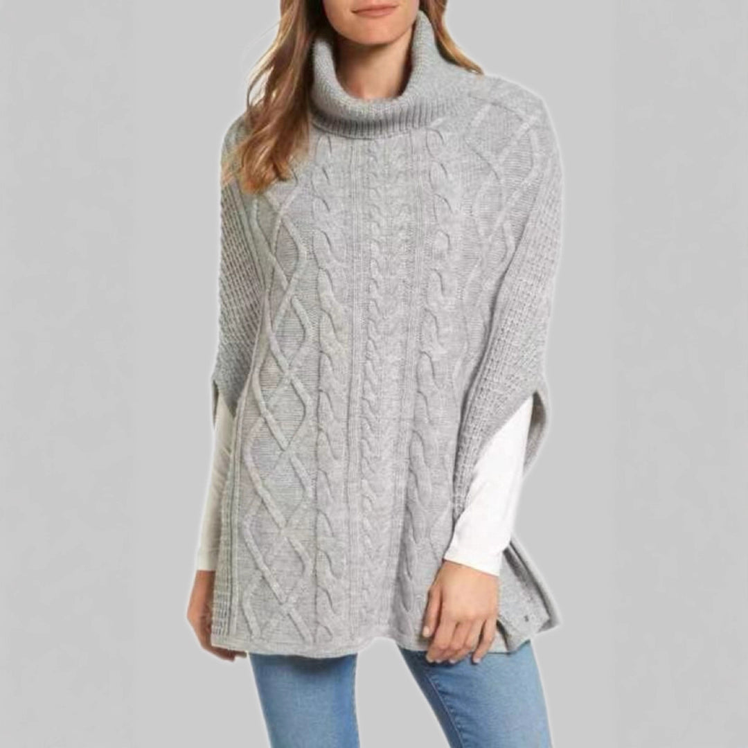 Damen Strickponcho mit hohem Kragen und klassischen Zopfmuster EB