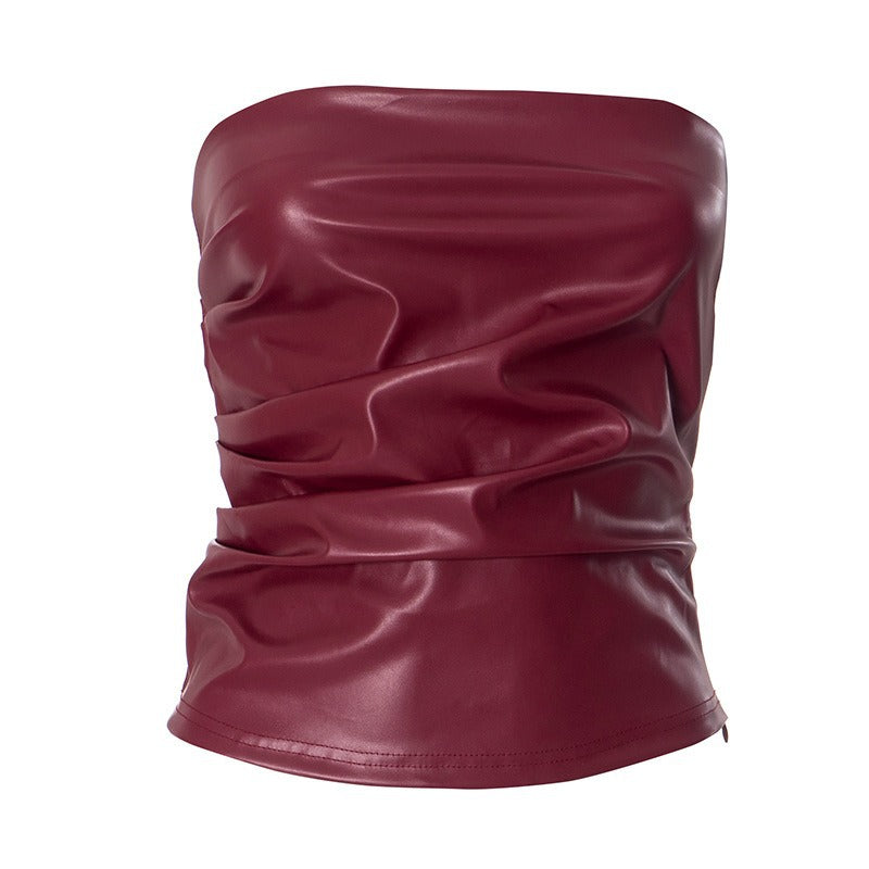 Damen Bandeau-Oberteil aus hochwertigem Kunstleder mit raffinierten Rüschendetails EB