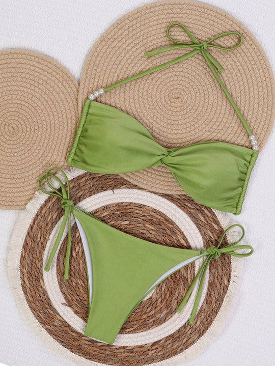 Damen Bandeau-Bikini mit eleganten Perlenschnüren EB
