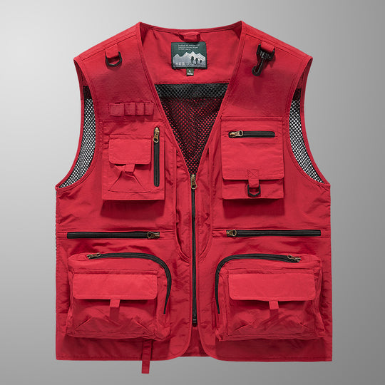 Herren multifunktionale Angler-Utility-Weste mit Mesh-Einsätzen, D‑Ringen und zahlreichen Reißverschluss- und Klappfächern EB