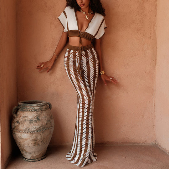 Damen stylisches Crop-Top und weite Palazzo-Hose Set EB