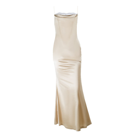 Damen elegantes Satin Abendkleid mit Spitzenverzierung EB
