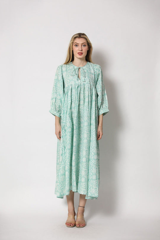 Damen Maxi-Kleid mit voluminösen Ärmeln und raffiniertem Bindungsdetail EB