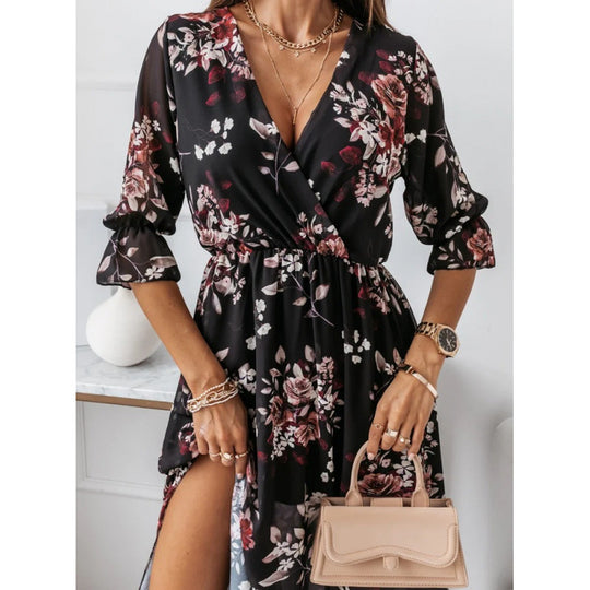 Damen elegantes Maxikleid mit animalischen Mustern und modischem Schlitz EB