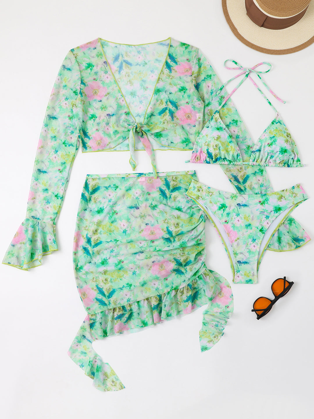 Damen Badeset mit floralem Design, kurzem Oberteil und Wickelrock EB