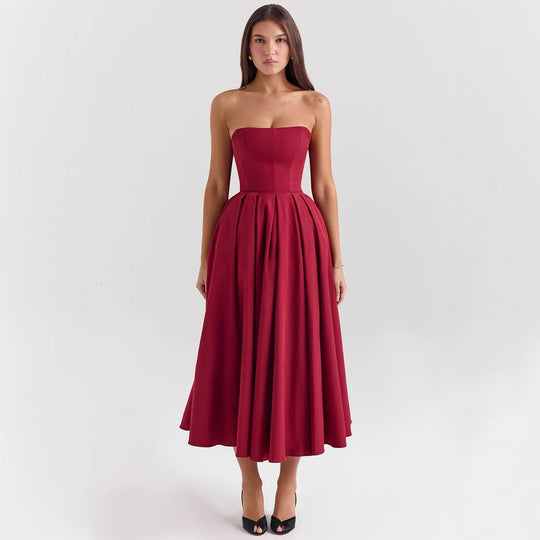 Damen Taillesenkende Midi-Kleid mit schulterfreiem Design und eleganter Faltenstruktur EB