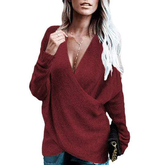 Damen Wickelpullover mit tiefem V-Ausschnitt und lockerer Passform EB