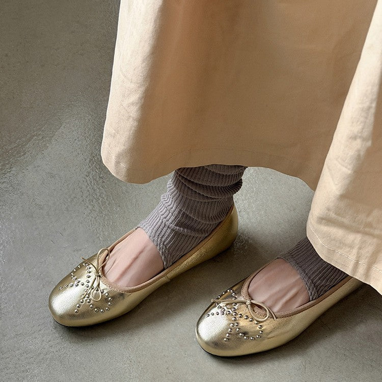 Damen Ballerinas mit schimmerndem Metallic-Obermaterial und Zierperlen EB