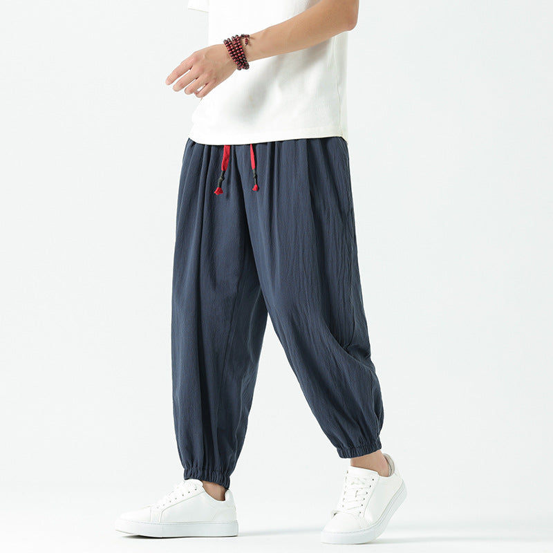 Herren nan locker geschnittene Leinen-Baumwoll Hose mit Kordelzug und elastischen Bündchen EB