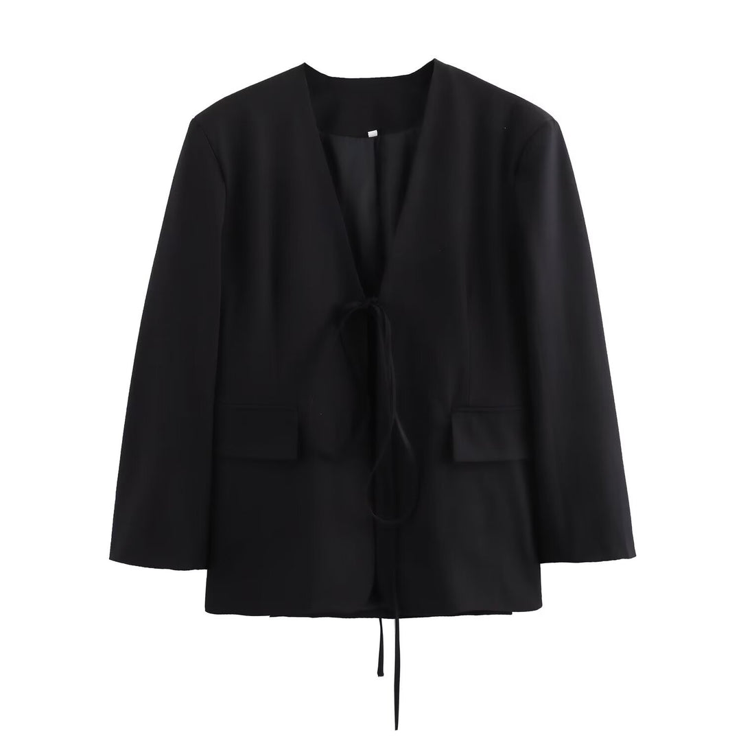Damen nan kastenförmiger Blazer mit tiefem V-Ausschnitt, Bindebandverschluss und Pattentaschen EB