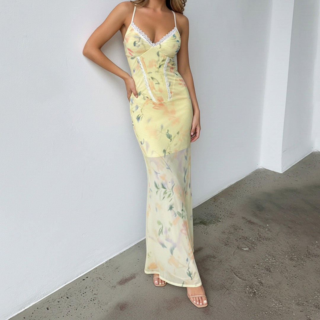 Damen Blumen Maxikleid mit raffinierten Spaghettiträgern und Spitzen-Akzenten EB