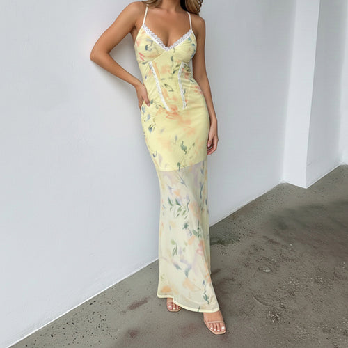 Damen Blumen Maxikleid mit raffinierten Spaghettiträgern und Spitzen-Akzenten EB