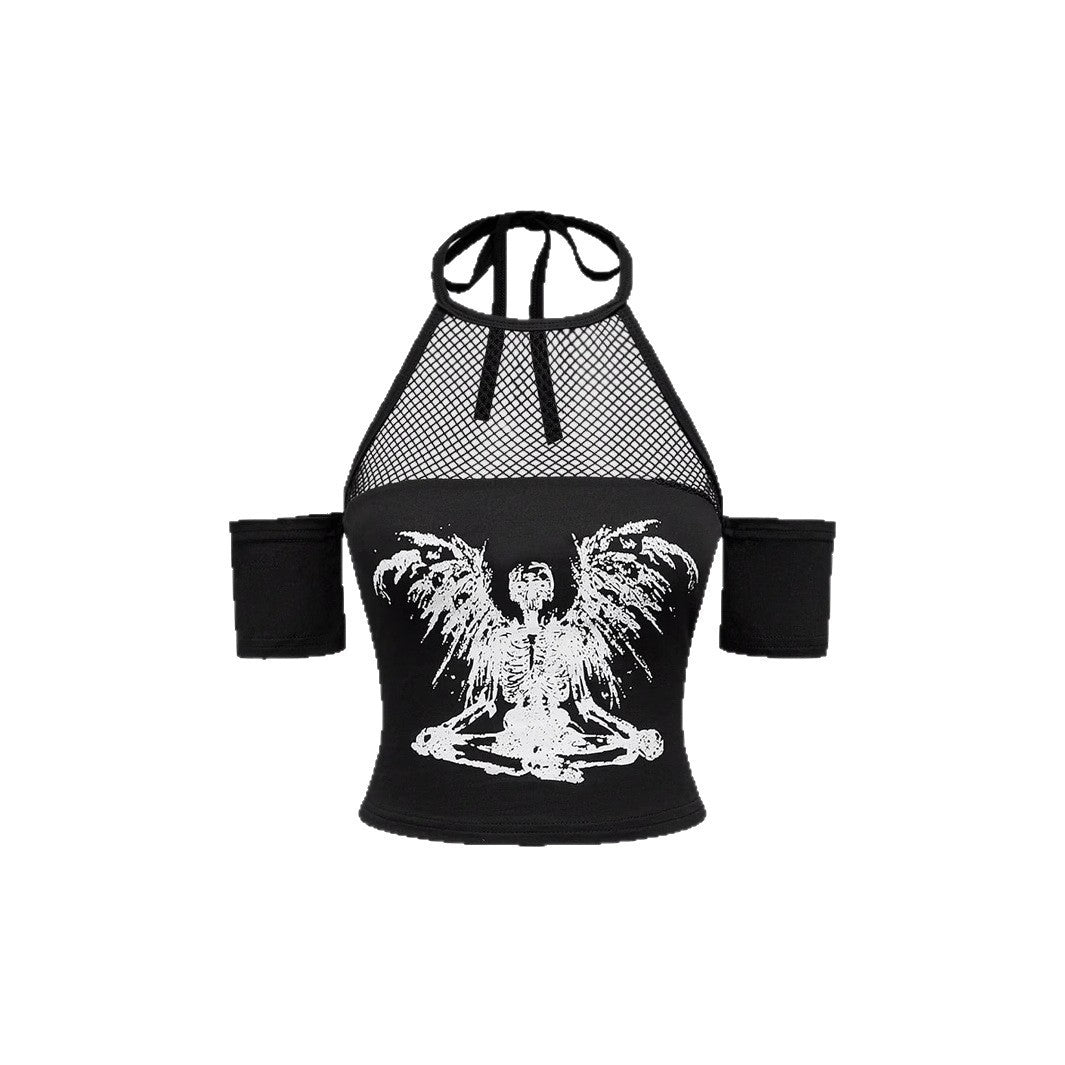 Damen Trendiges Crop-Top mit Netzdetails und originellem Grafiklitz EB