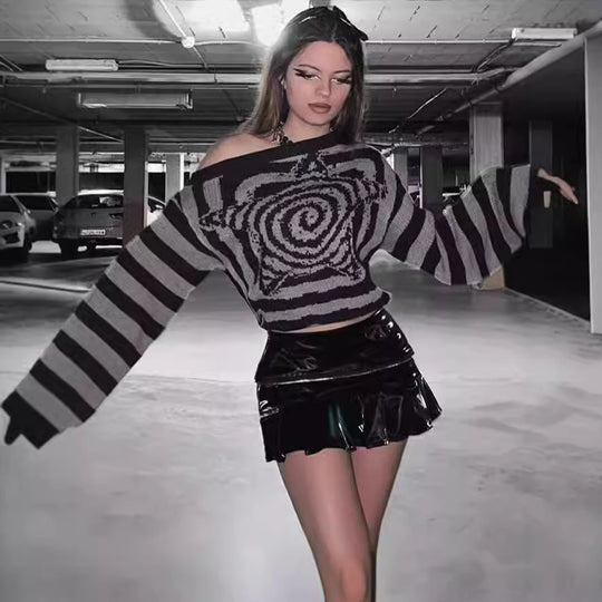 Damen Modischer Oversized-Pullover mit kreativem Spiral-Design und gestreiftem Muster EB