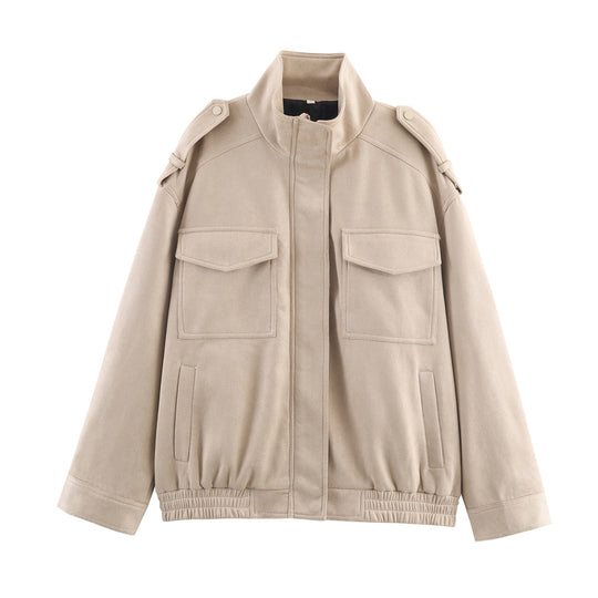 Damen modische Utility-Jacke mit hohem Kragen und praktischen Taschen EB