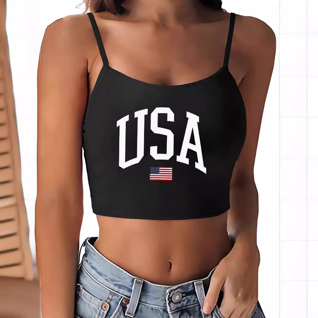 Damen Crop-Top mit motivierendem Statementdruck und feinen Spaghettiträgern EB