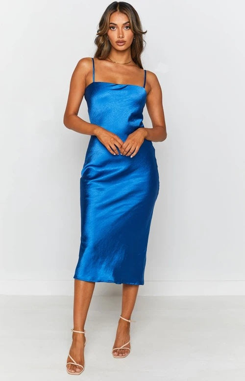 Damen Satin-Midikleid mit schmalen Spaghettiträgern und elegantem Schnitt EB