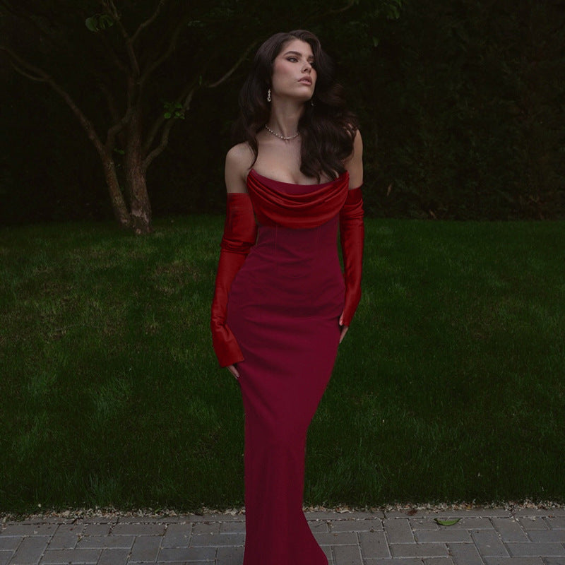 Damen Langarm Abendkleid mit elegantem Wasserfall-Ausschnitt und figurbetontem Schnitt EB