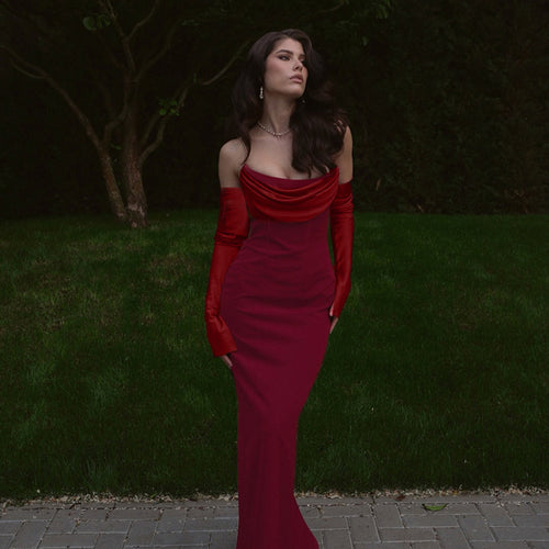 Damen Langarm Abendkleid mit elegantem Wasserfall-Ausschnitt und figurbetontem Schnitt EB