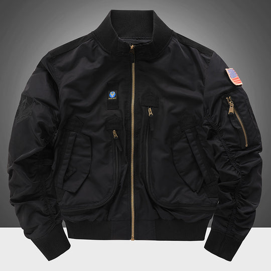 Men's  pilot-style cropped utility flight bomber with multi-zip pockets and ribbed collar EB