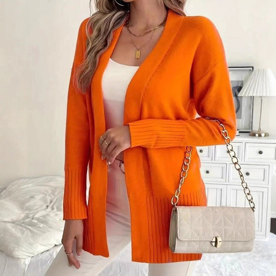Damen Langer Strickcardigan mit feinen Rippdetails und lässigem Schnitt EB
