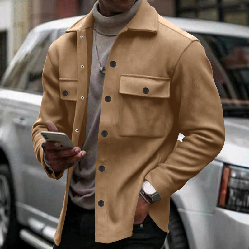 Herren nan modische Overshirt-Jacke in Filzoptik mit aufgesetzten Brusttaschen und sichtbarer Druckknopfleiste EB