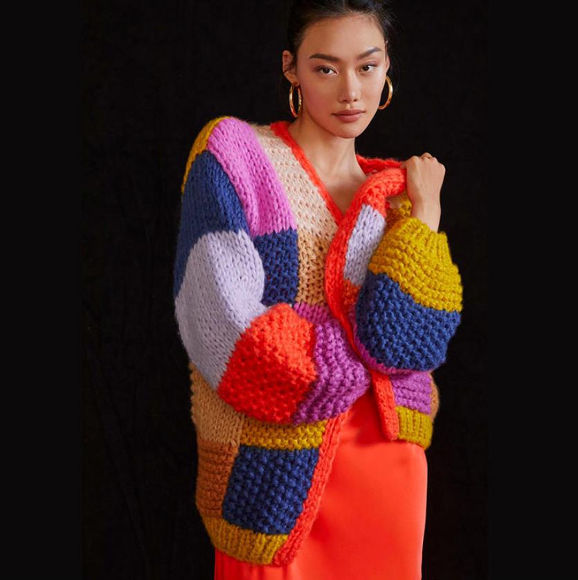 Damen Grobstrick-Cardigan mit buntem Patchwork-Design EB