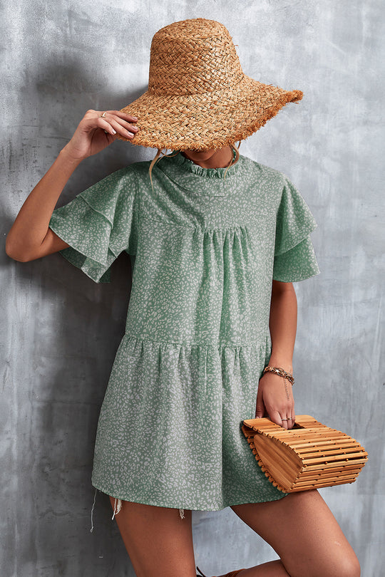Damen luftiges Freizeitkleid mit voluminösen Rüschen und hohem Stehkragen EB