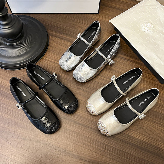 Damen Ballerinas mit modischem Riemen und glitzernder Oberfläche EB