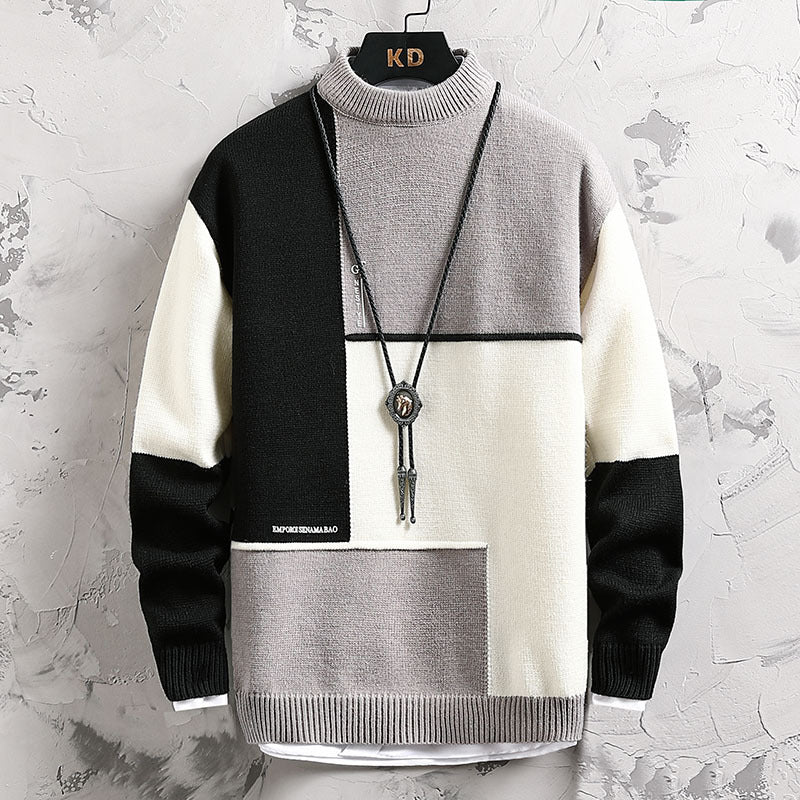 Herren nan modischer Blockdesign Strickpullover mit Stehkragen und Regular-Fit EB