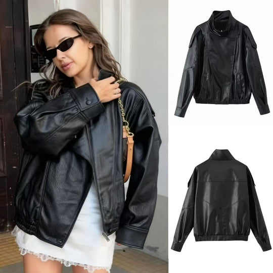 Unisex nan weite Bikerstil Kunstlederjacke mit Stehkragen und elastischem Saum EB