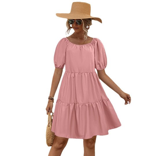 Damen Freizeitkleid mit voluminösen Puffärmeln und schwingendem Rock EB