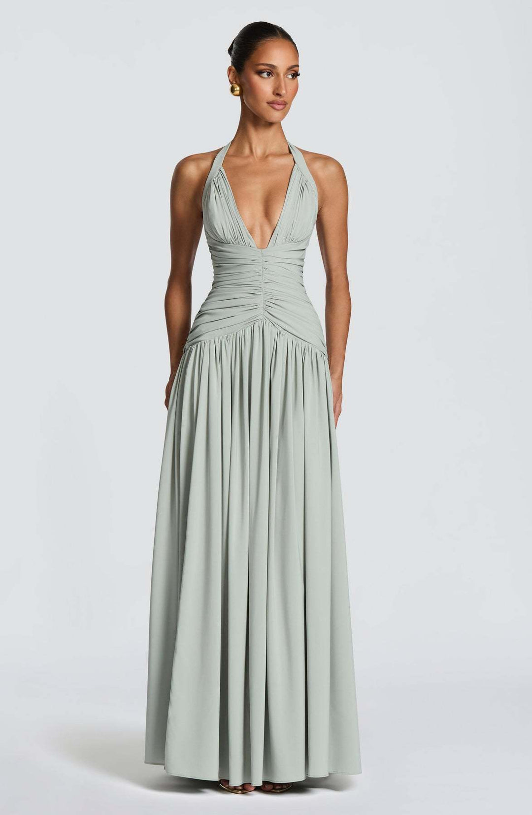 Damen Elegantes Maxikleid mit halterlosem Ausschnitt und raffiniertem Faltenwurf EB