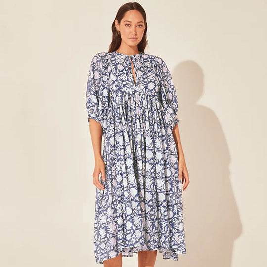 Damen lässiges Midikleid mit floralem Design und elastischem Taillenbund EB