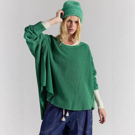 Damen Oversized Waffelstrick-Pullover mit weitem Schnitt und tiefem Raglan EB