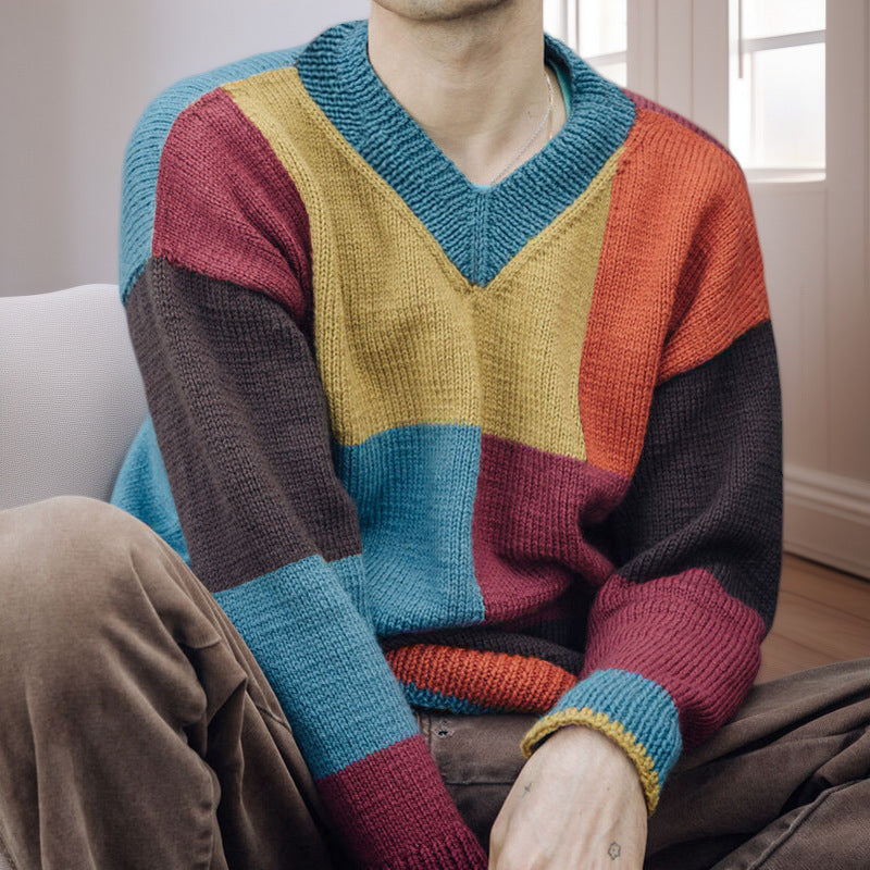 Herren gemusterter Pullover mit Farbblockdesign und modernem V-Ausschnitt EB