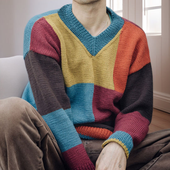 Herren gemusterter Pullover mit Farbblockdesign und modernem V-Ausschnitt EB