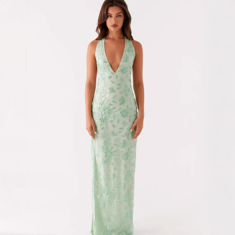 Damen Elegantes Langarmkleid mit floralem Spitzenüberzug und tiefem V-Ausschnitt EB
