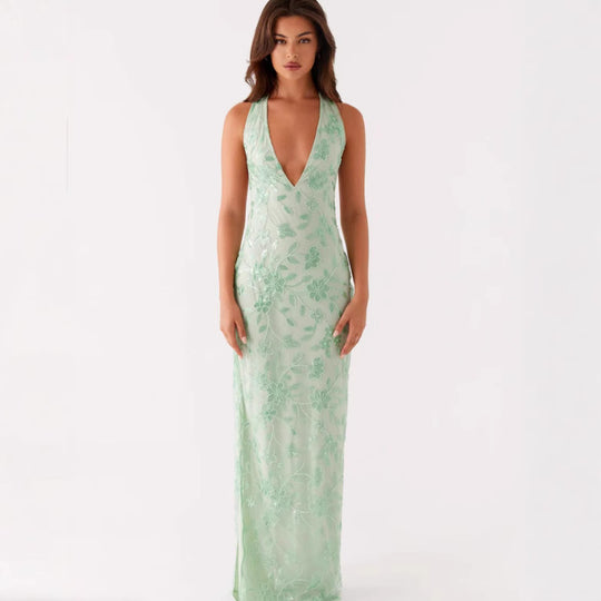 Damen Elegantes Langarmkleid mit floralem Spitzenüberzug und tiefem V-Ausschnitt EB