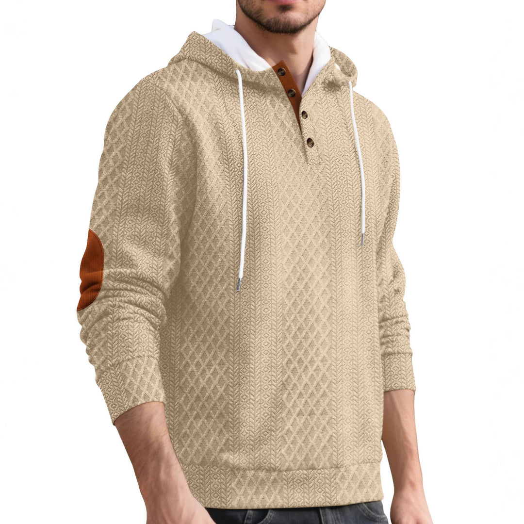 Herren nan Diamond-Struktur Kapuzenpullover mit Kurzknopfleiste, gesteppter Kapuzeninnenkante und Wildleder-Ellbogenpatch EB