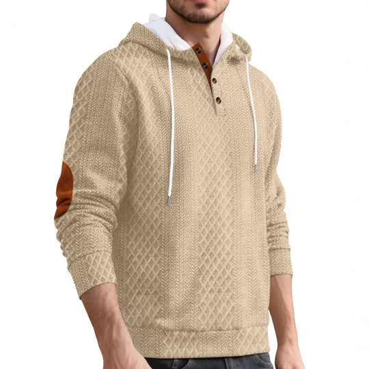 Herren nan Diamond-Struktur Kapuzenpullover mit Kurzknopfleiste, gesteppter Kapuzeninnenkante und Wildleder-Ellbogenpatch EB