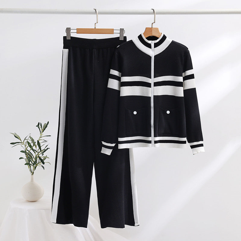 Damen sportliches Strick-Loungewear-Set mit geripptem Design und praktischen Taschen EB